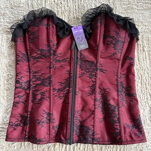 Lovehoney Red Black Lace Corset Large NWT Boned Bustier Lace Up Vintage Style